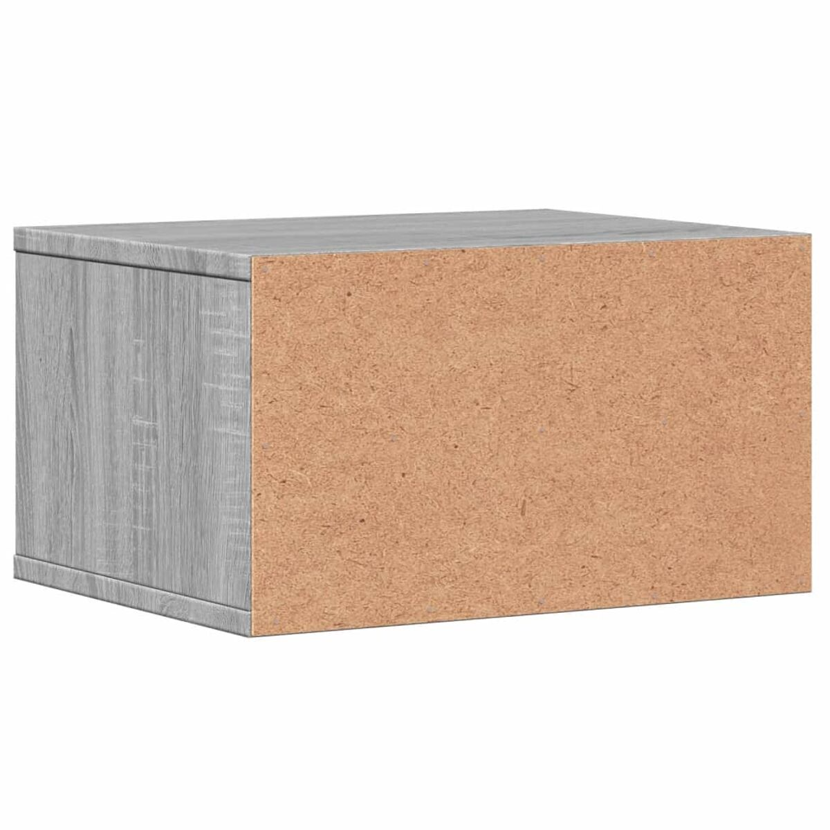 Eine graue Holzkiste mit einer hellbraunen Seite rechts.