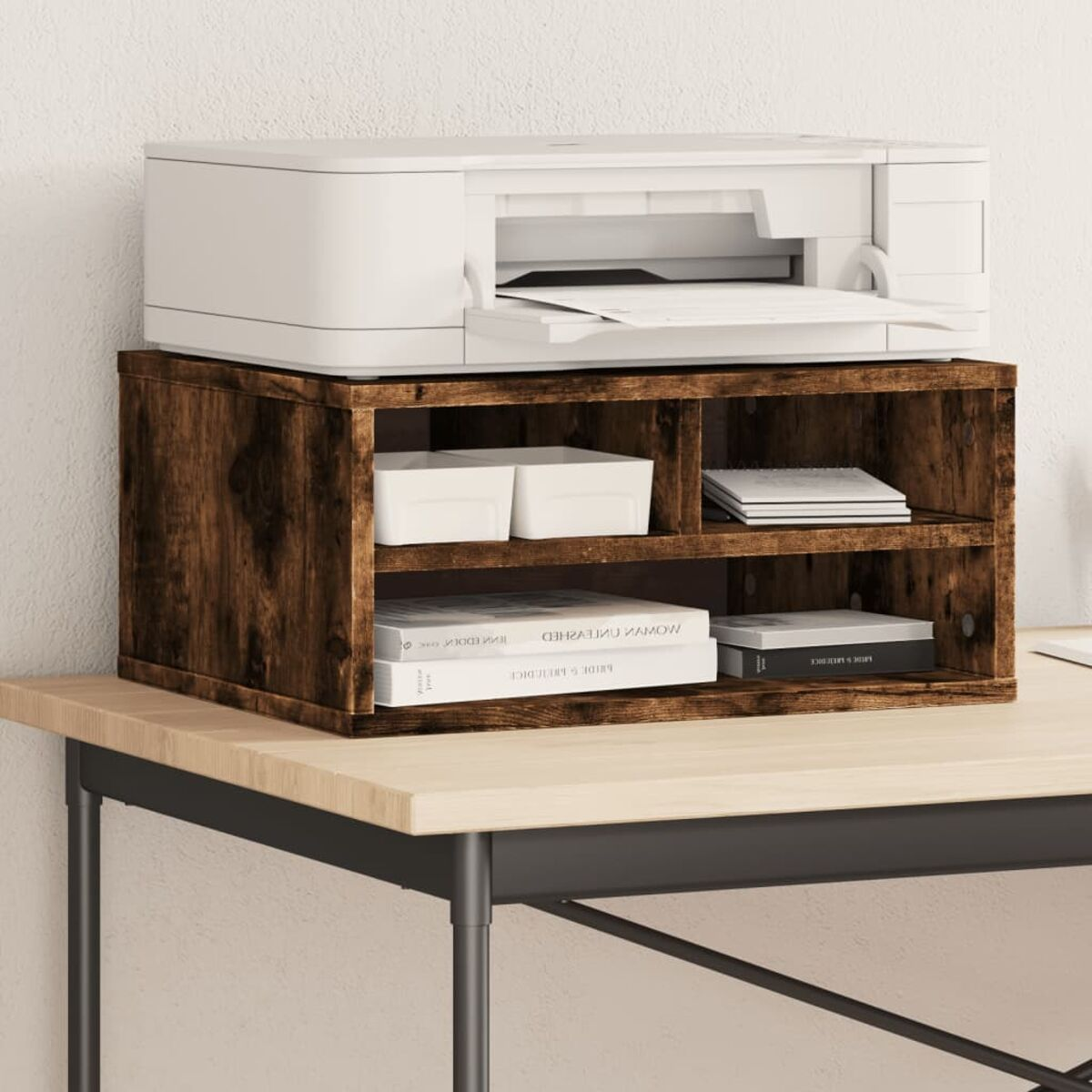 Holz-Druckerständer mit weißem Drucker und Stauraum.