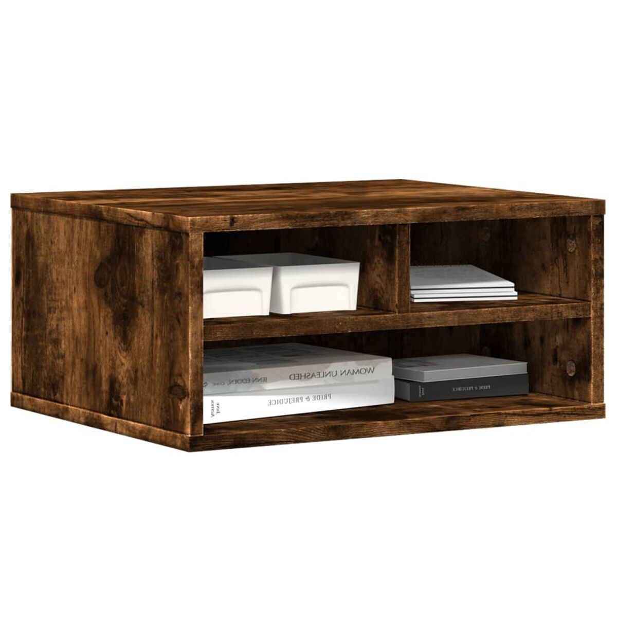 Holzschrank mit zwei Regalen. Enthält Bücher und Aufbewahrungsboxen.