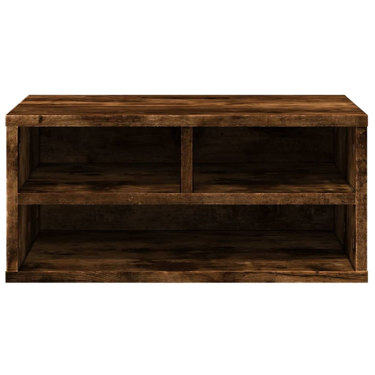 Dunkelbraunes Holzregal mit zwei Fächern.
