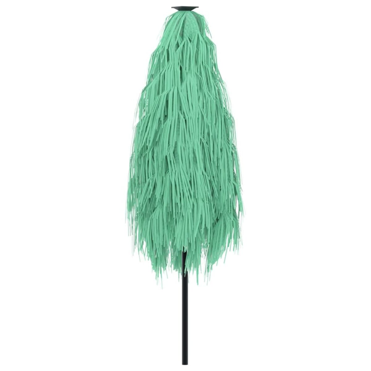 Un ombrello verde con frange, chiuso, su sfondo bianco.