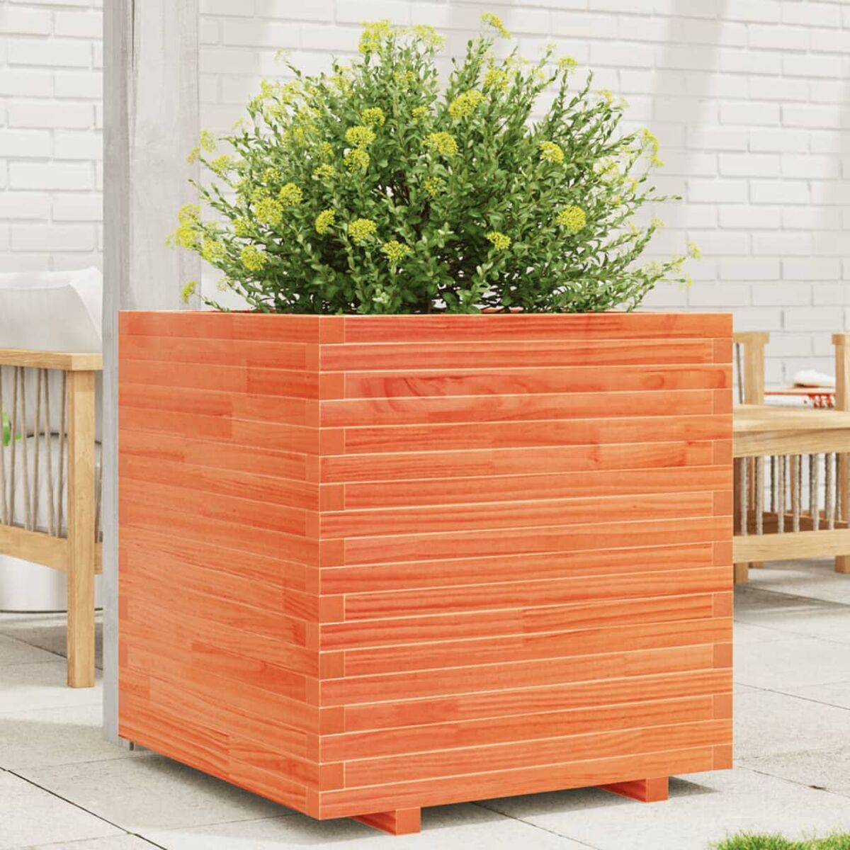 Ein quadratischer Holzblumenkübel, orange, gefüllt mit grünen Blättern, auf einer Terrasse.