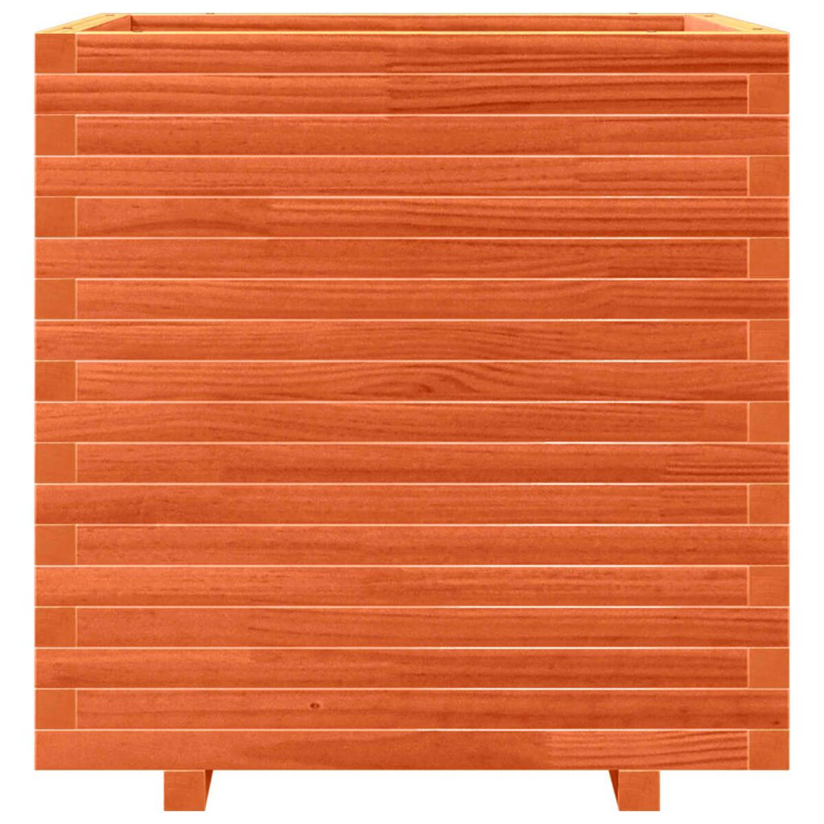 Pflanzkasten aus Holz, aus horizontalen Brettern, mit offener Oberseite und quadratischer Form.