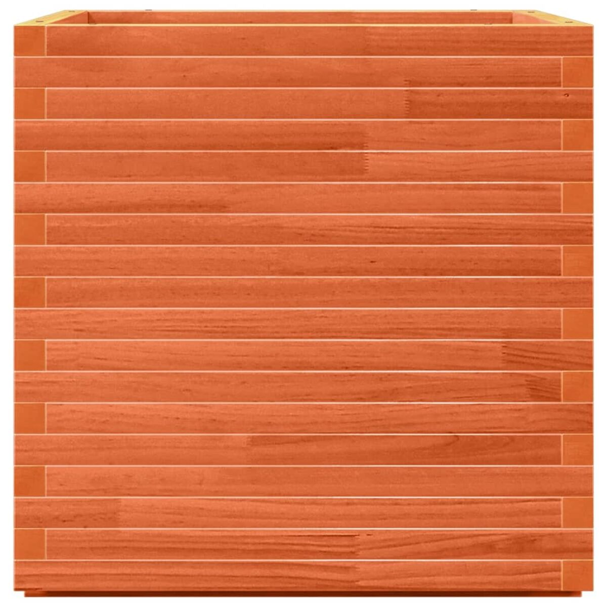 Ein hölzerner Pflanzkasten aus horizontalen, orangefarbenen Lamellen.