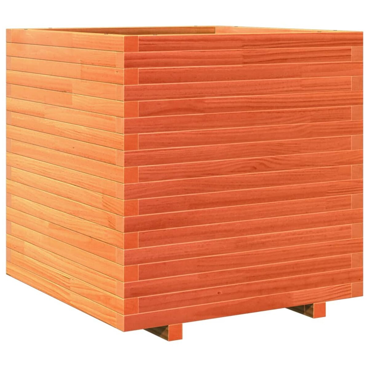 Quadratischer Pflanzkasten aus Holz. Er ist aus Brettern gefertigt und hat eine natürliche Holzfarbe.