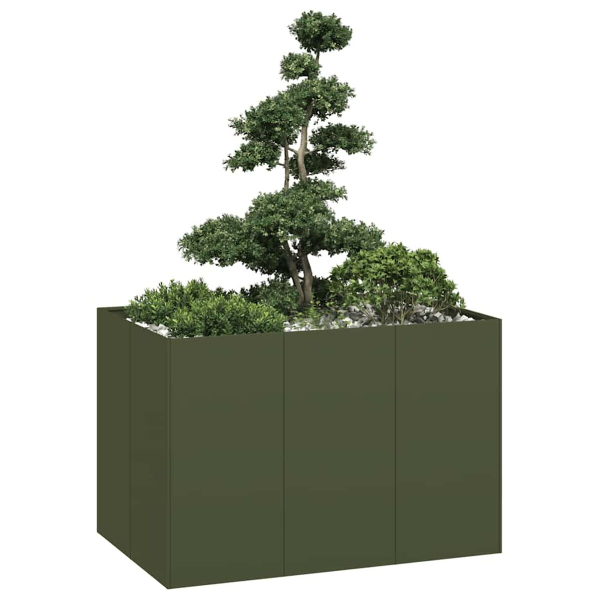 Fioriera verde scuro con fogliame sopra, incluso un piccolo bonsai.