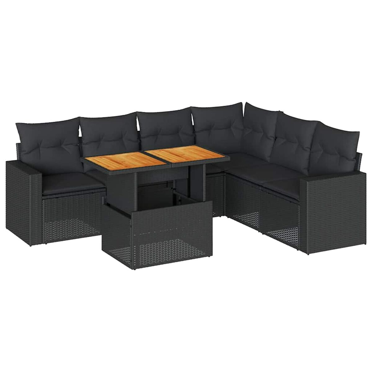 Divano componibile da esterno grigio scuro con cuscini neri e tavolo elevabile in legno. Design moderno.
