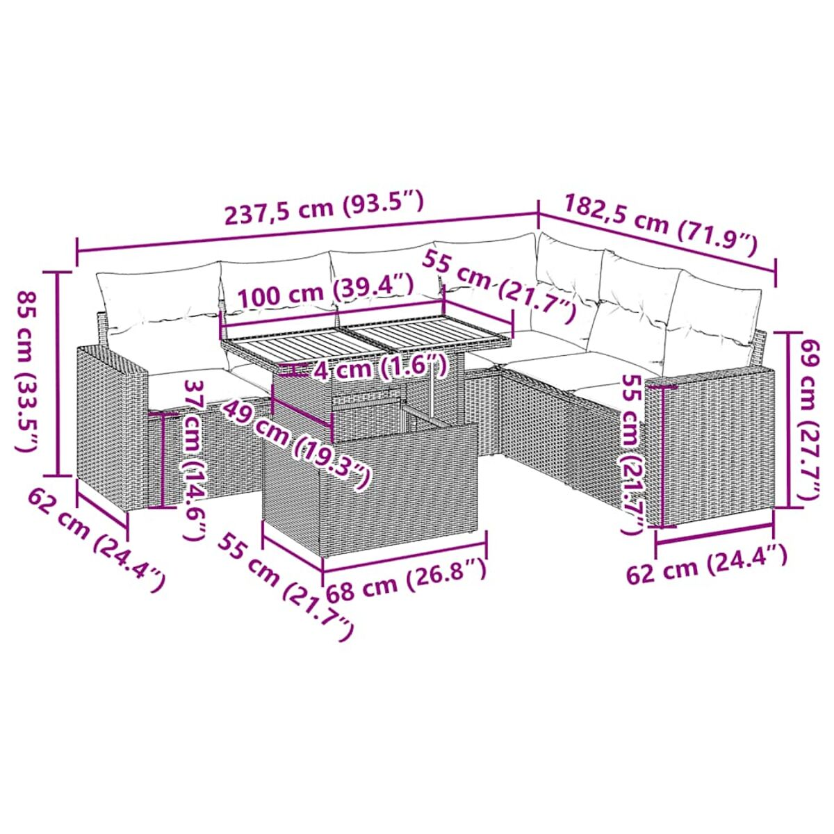 Diagramma di un divano componibile per esterni con dimensioni in cm e pollici.