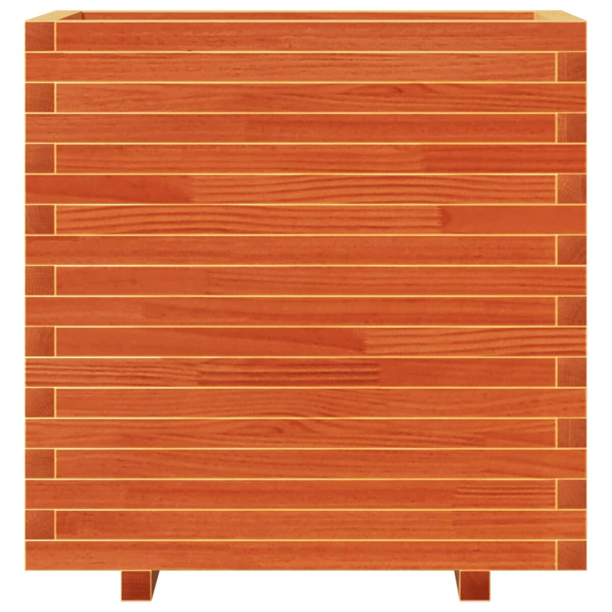Holzpflanzgefäß. Es hat eine quadratische Form und eine braune Farbe. Es besteht aus Holzbrettern.