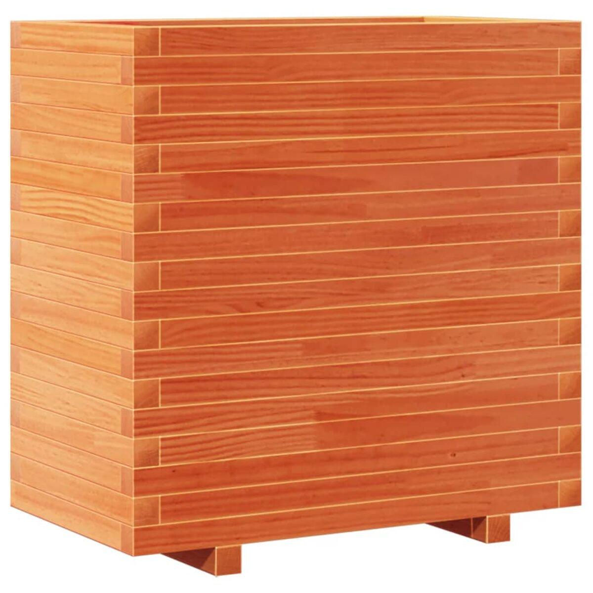 Eine Holzpflanzkasten. Die Kiste ist rechteckig, aus Holz und in einer warmen Holzfarbe.