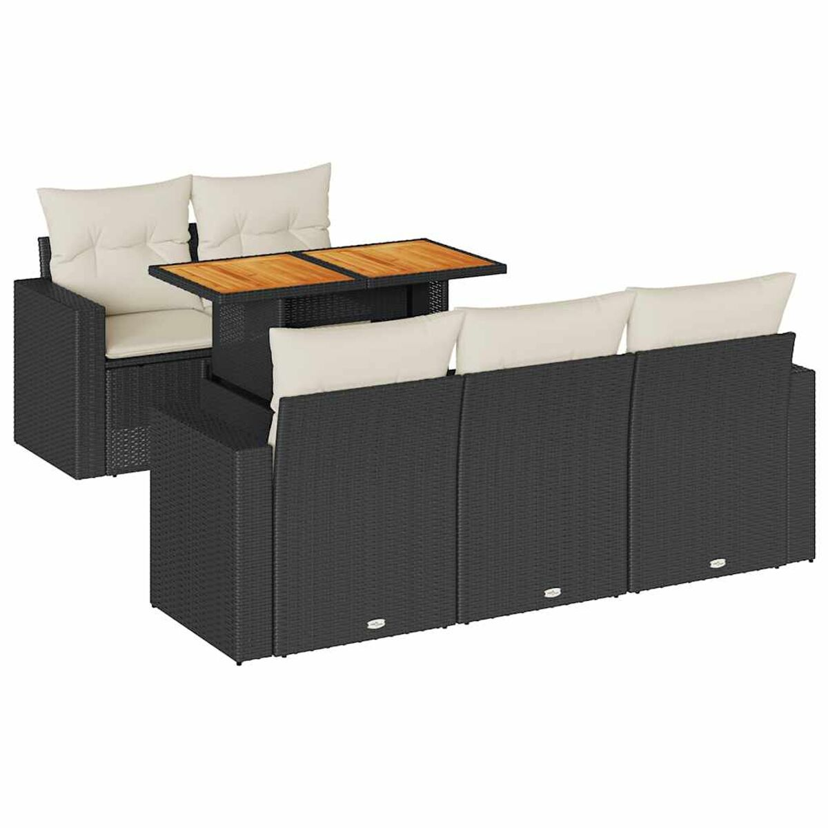 Divano componibile da esterno in vimini nero con tavolo sollevabile. Include cuscini color crema.