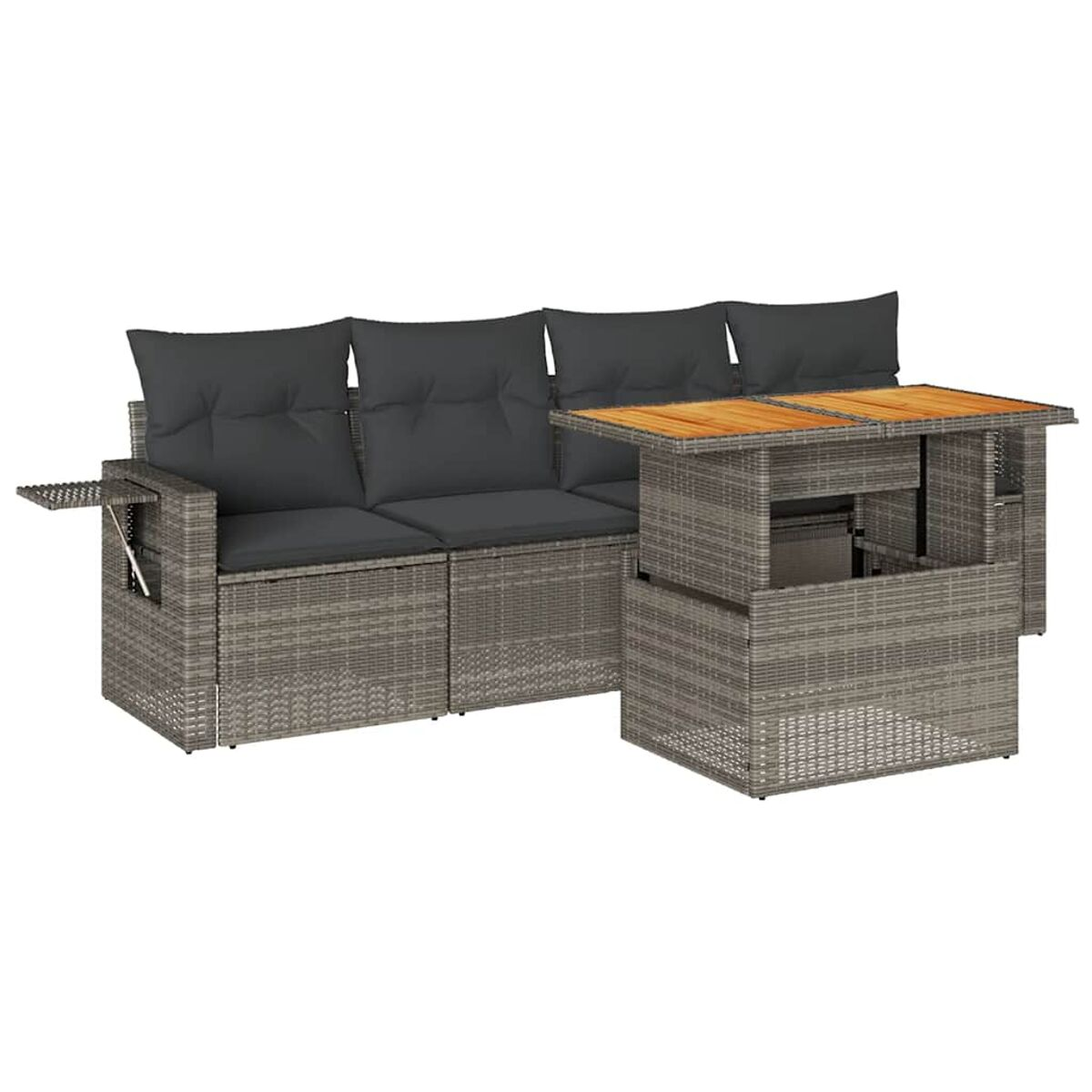 Divano angolare in rattan grigio con tavolino elevabile e cuscini grigi.