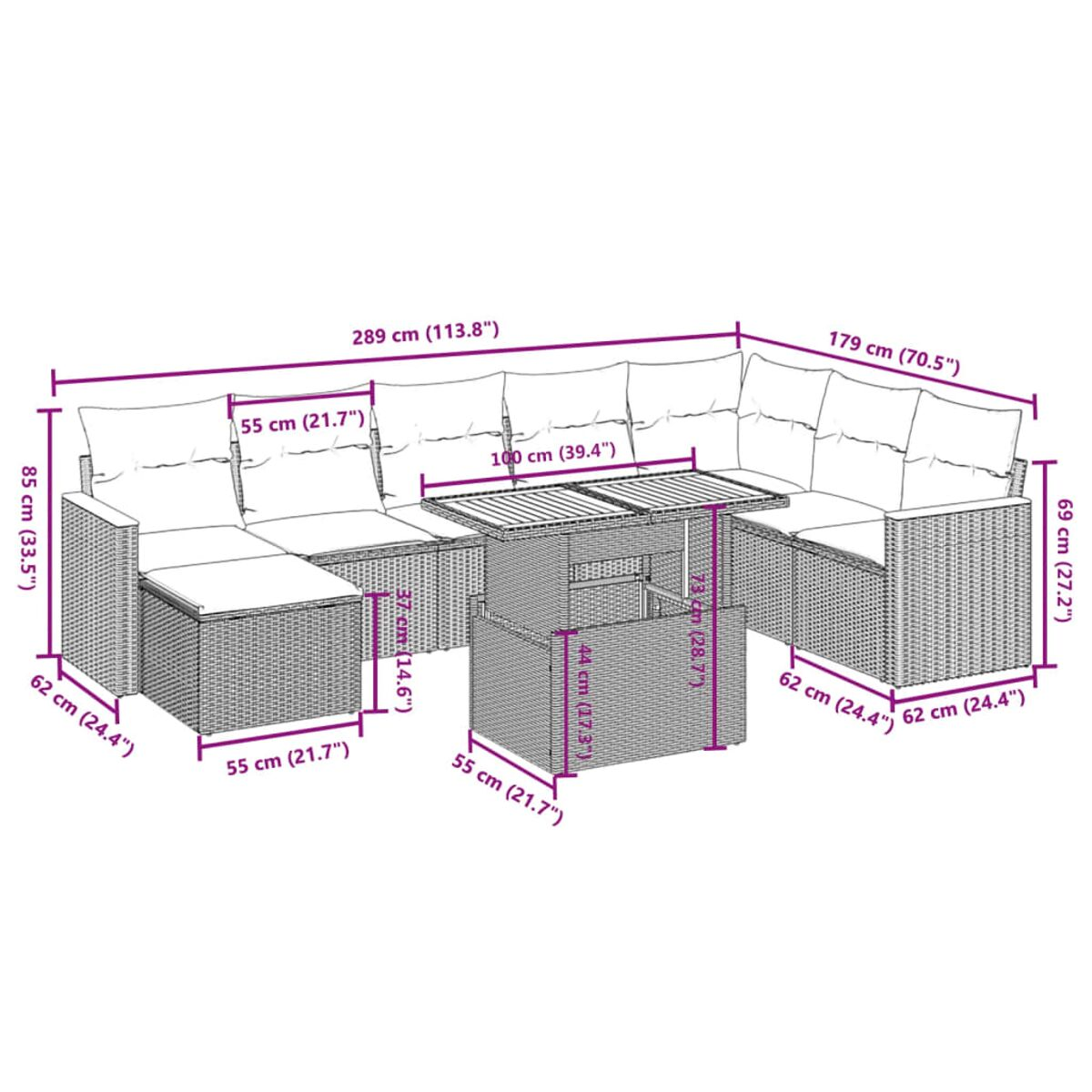 Ein Diagramm mit den Maßen eines Ecksofas, eines Tisches und eines Hockers. Alle sind gewebt.