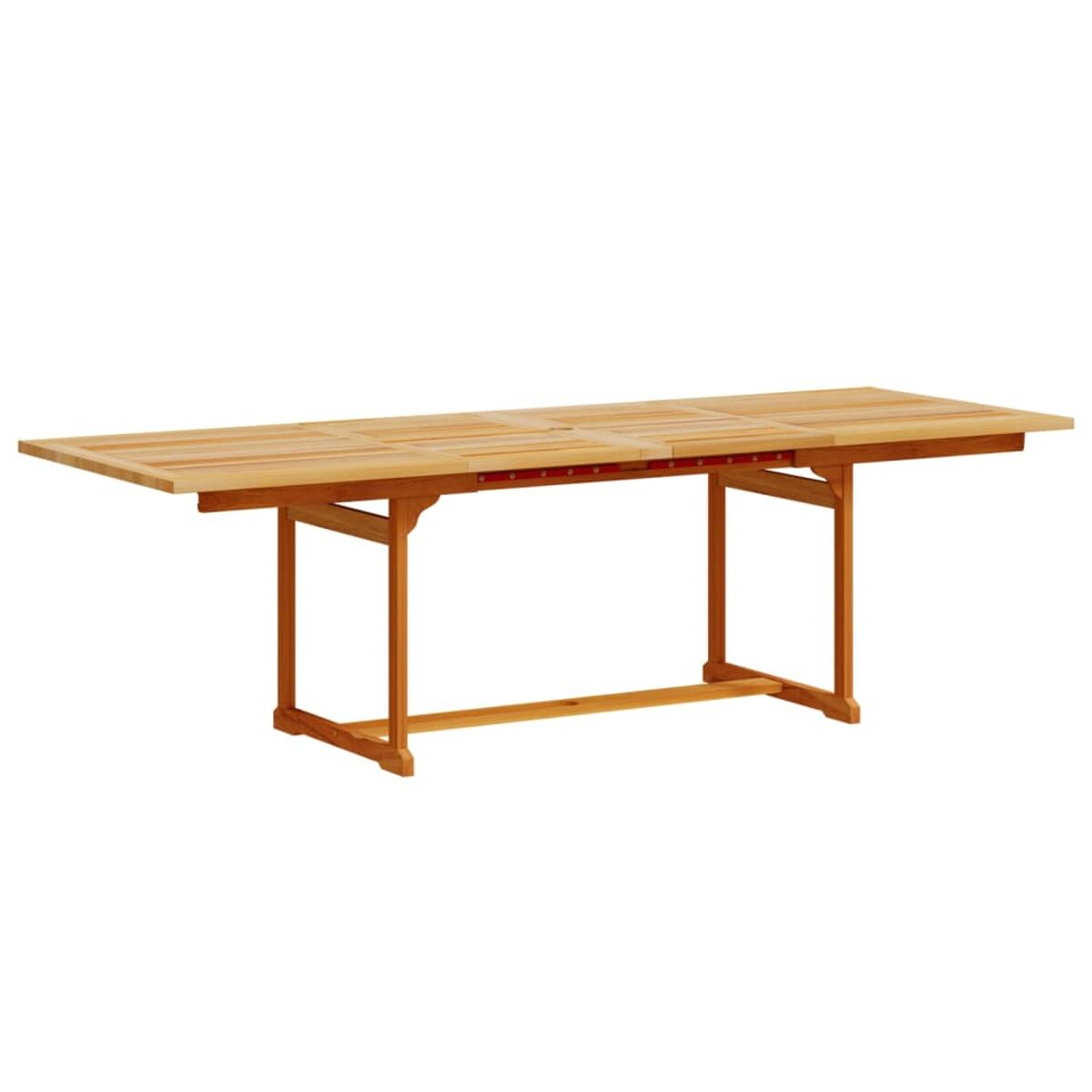 Una mesa grande de madera con un diseño abierto, de listones y base de madera.