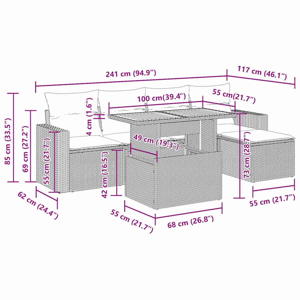 Diagramma di un set da esterno in rattan con dimensioni in centimetri e pollici.