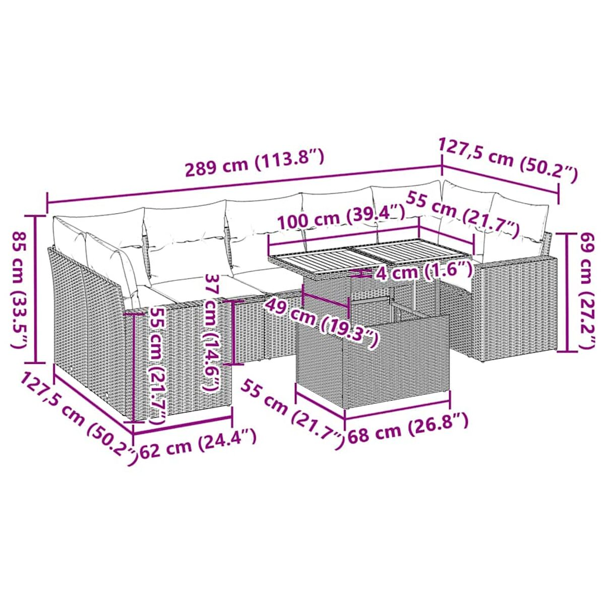 Diagramma di un divano componibile da esterno e tavolo con dimensioni in cm e pollici. Sfondo bianco.