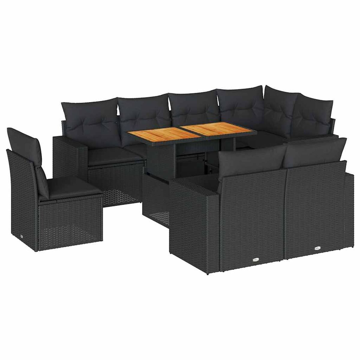 Divano componibile in rattan nero con cuscini neri e tavolo in legno su sfondo bianco.