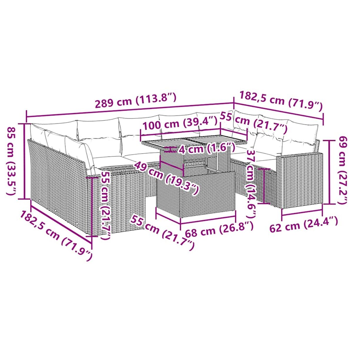 Set di mobili da esterno con dimensioni in cm e pollici.