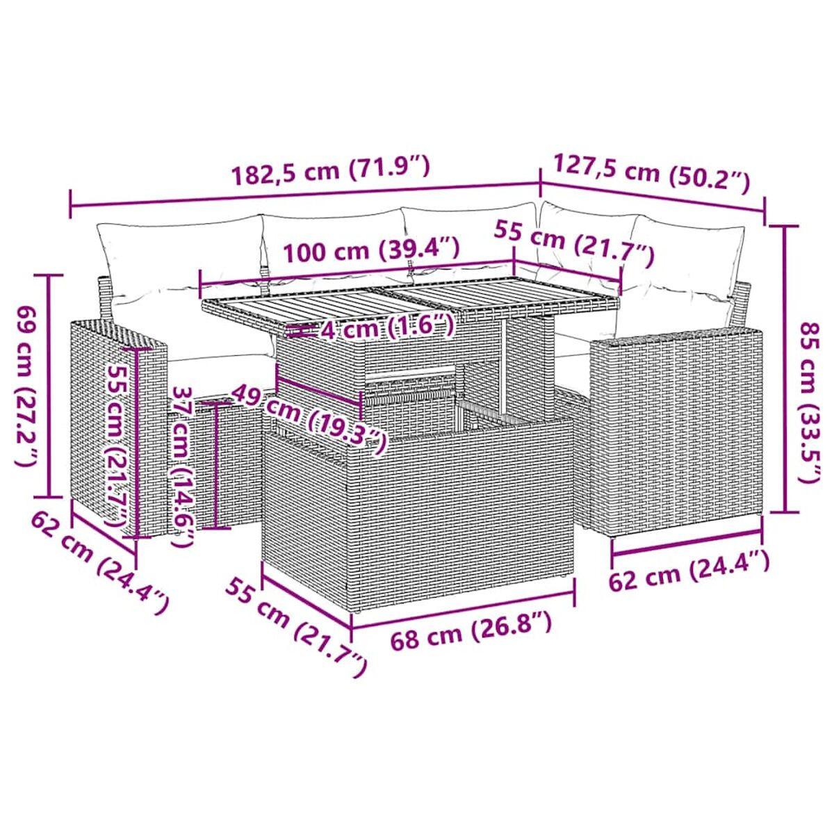 Set divano in rattan da esterno con dimensioni etichettate. Include tavolo e due divani con cuscini.