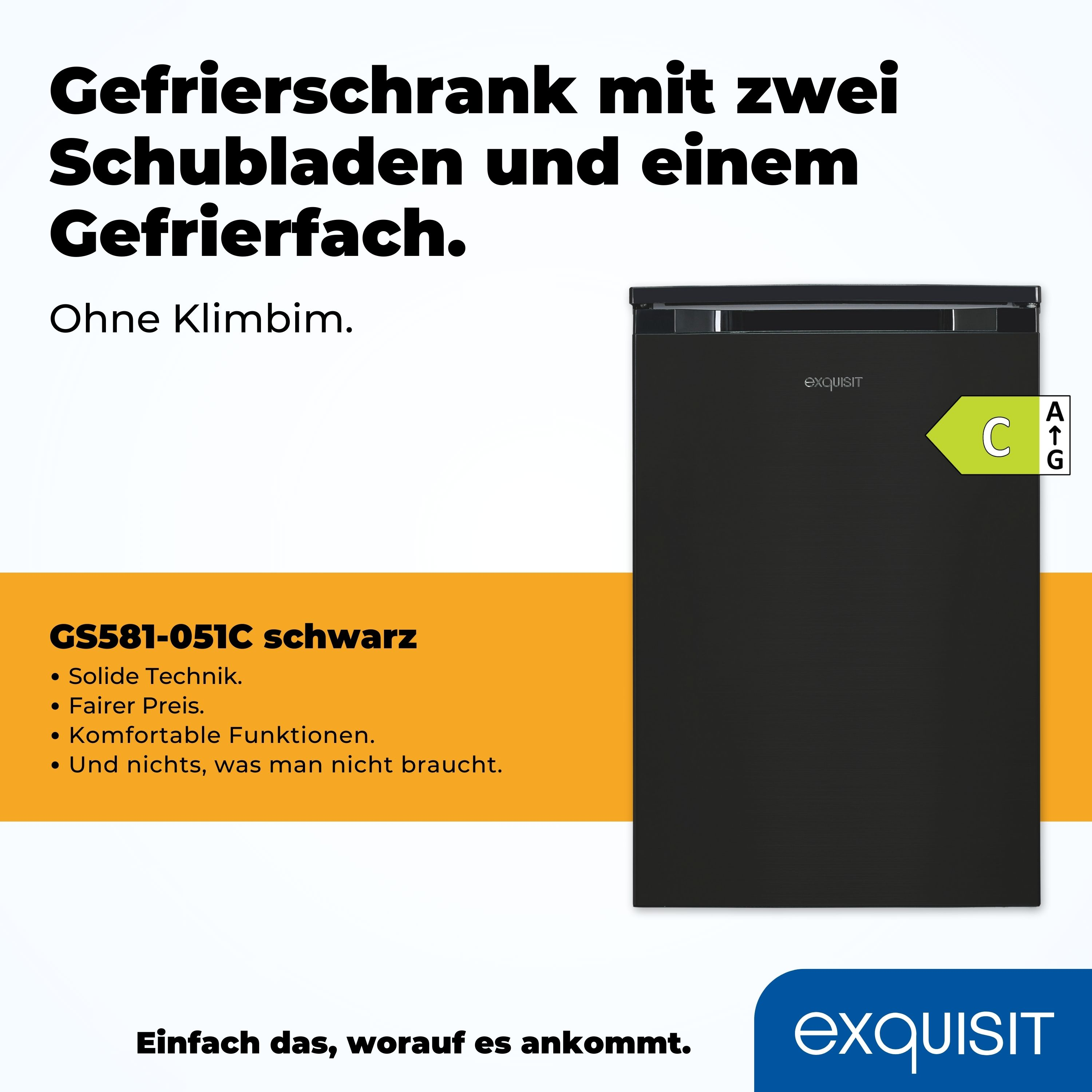 Schwarzer Exquisit Kühlschrank mit Text.