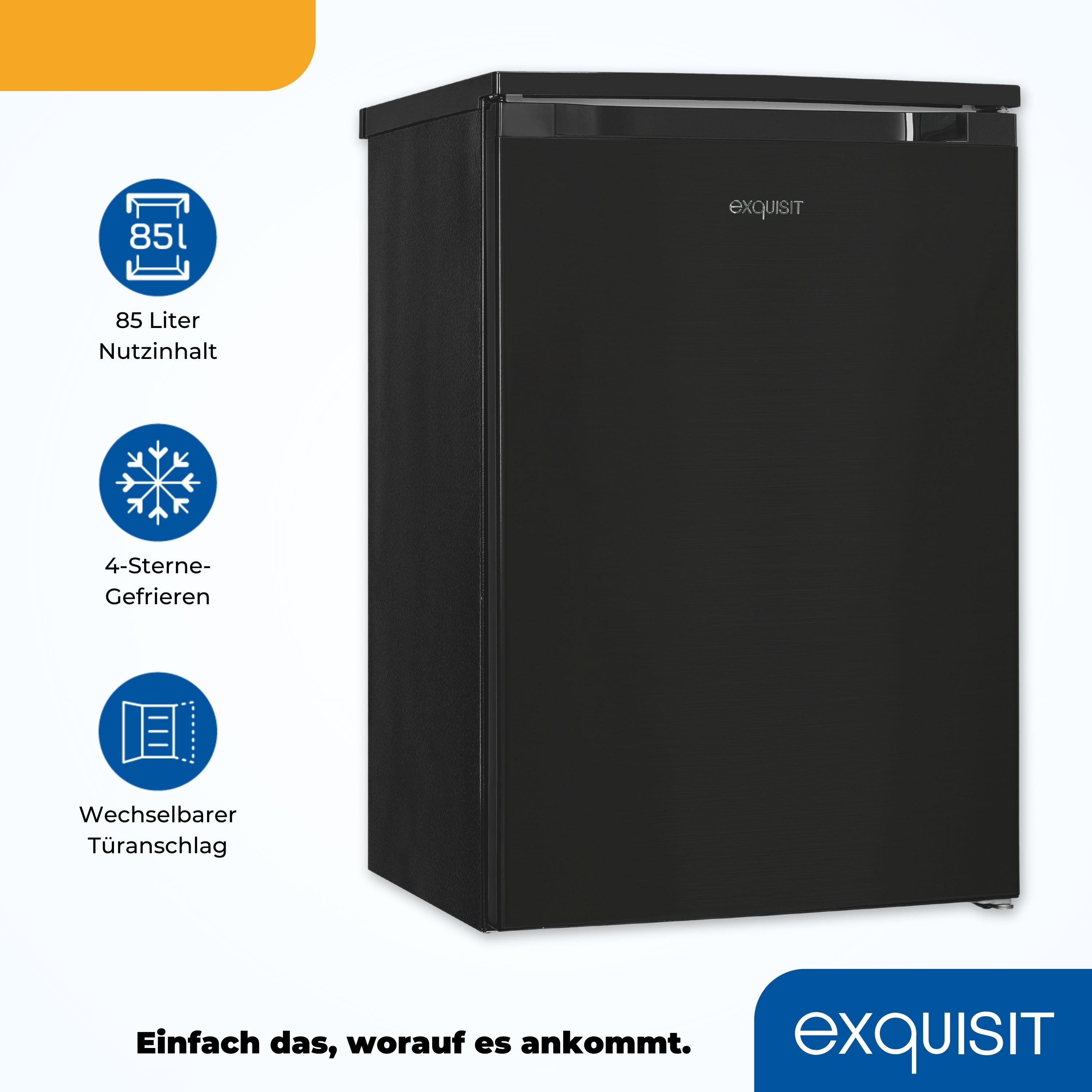 Schwarzer Kühlschrank mit Text und Symbolen. Es enthält Informationen über Kapazität, Gefrieren und Tür.