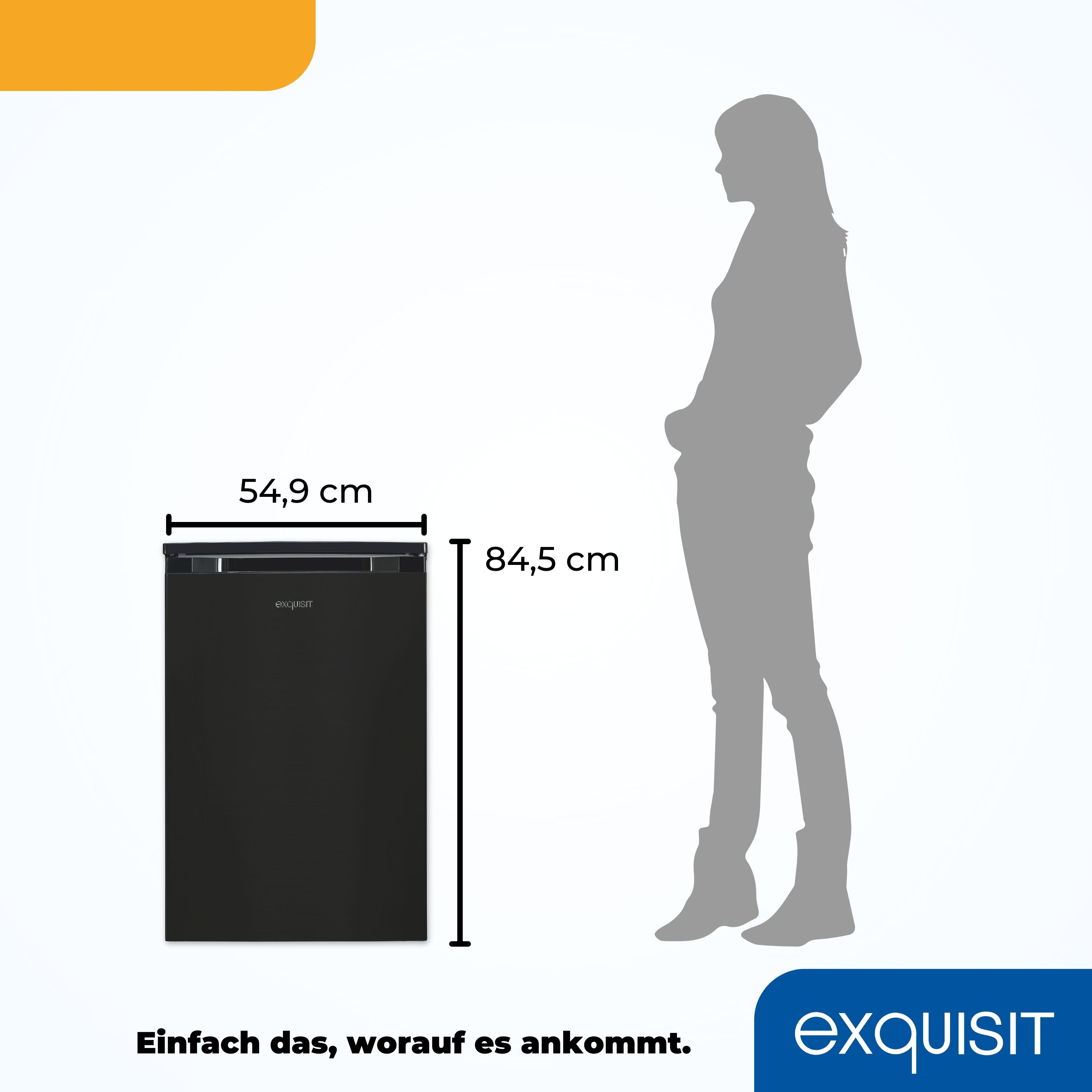 Schwarzer Mini-Kühlschrank mit Abmessungen und einer Silhouette einer stehenden Frau.