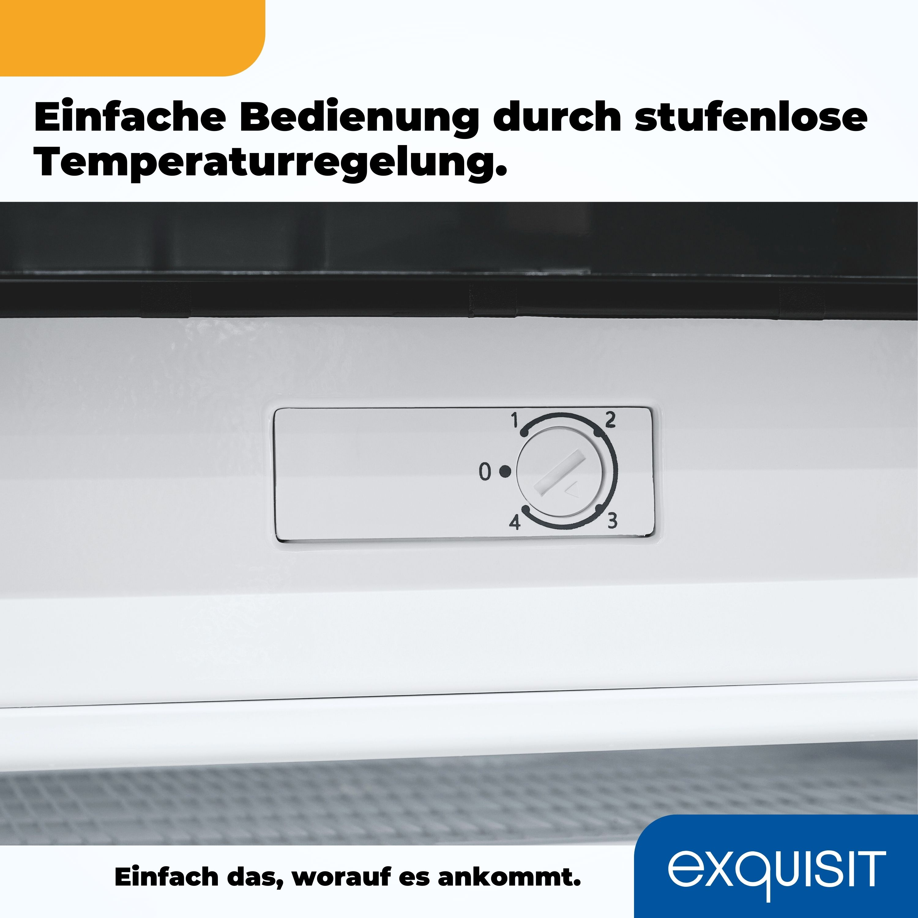 Nahaufnahme eines weißen Gerätebedienfelds mit einem Temperaturregler. Der Hintergrund ist weiß.