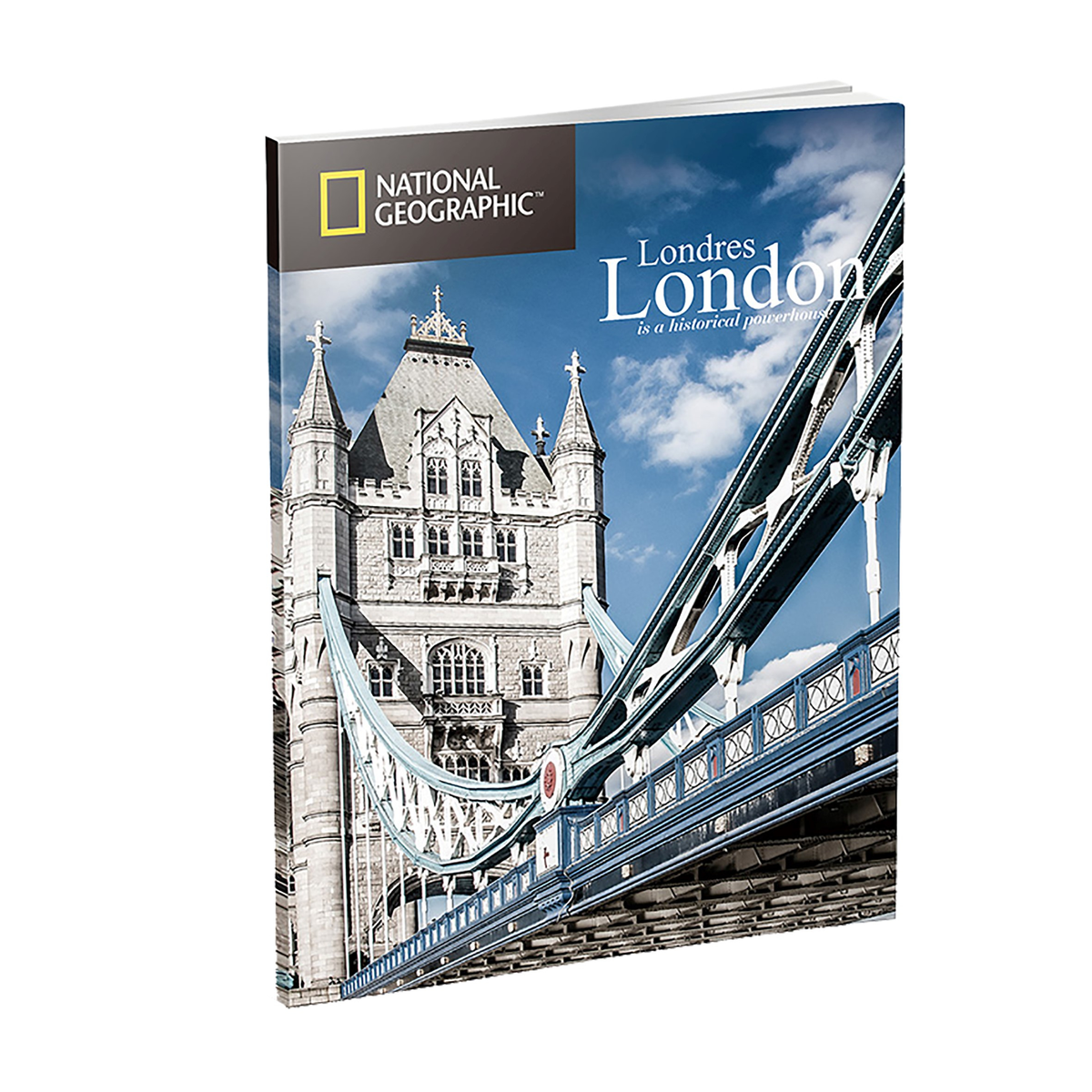 A book titled 'National Geographic' featuring the Tower Bridge in London, with text in English.