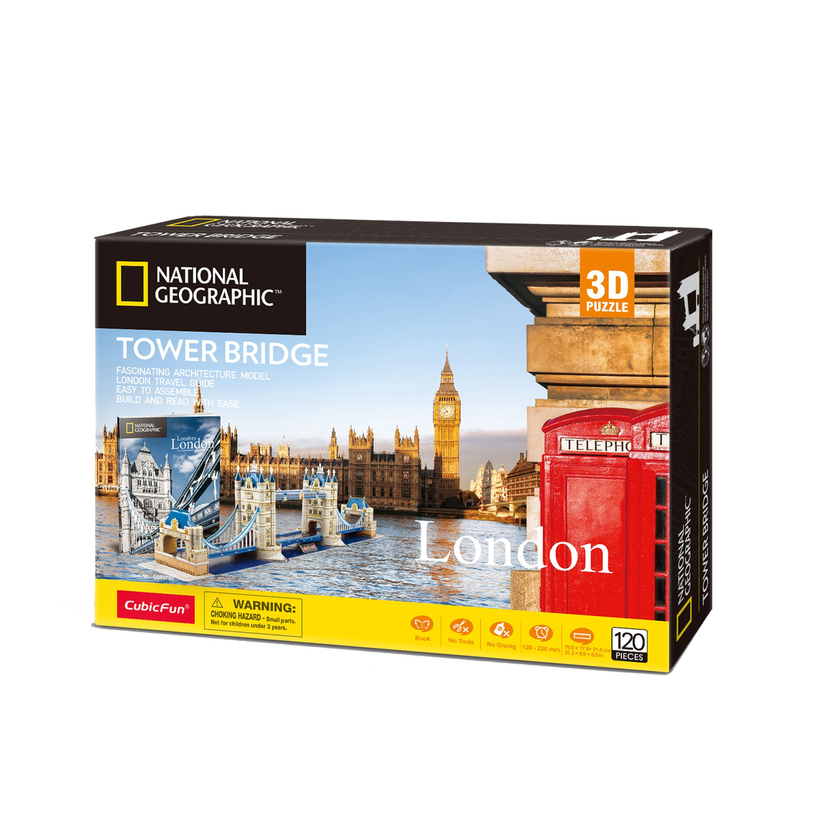 A box with a 3D puzzle of Tower Bridge, London. It shows the bridge and the London skyline.