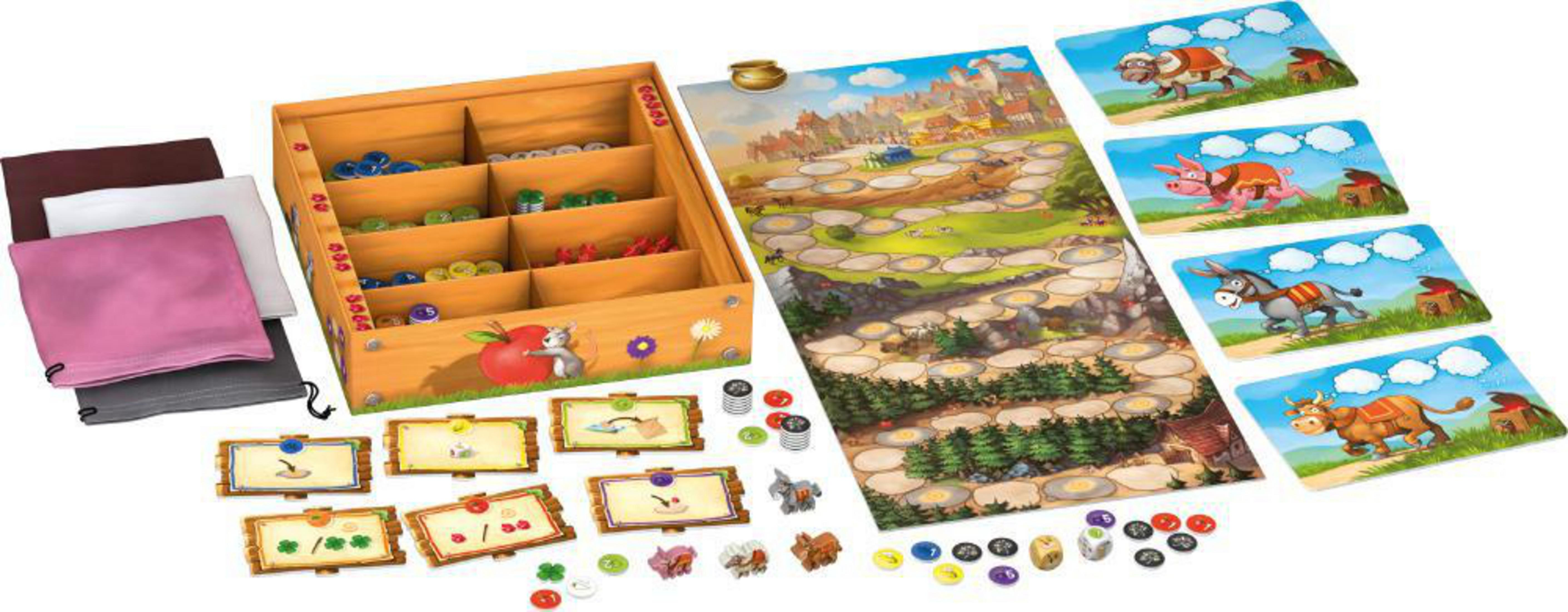Gioco da tavolo con scatola di legno, tabellone, carte animali, dadi e sacchetti.