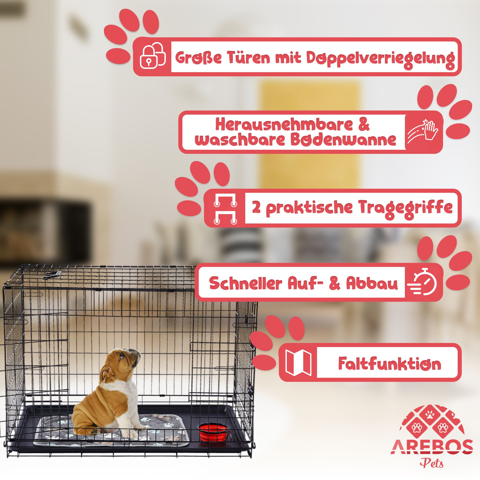 Hundekäfig mit Hund darin. Merkmale und Text über den Käfig umgeben den Käfig.