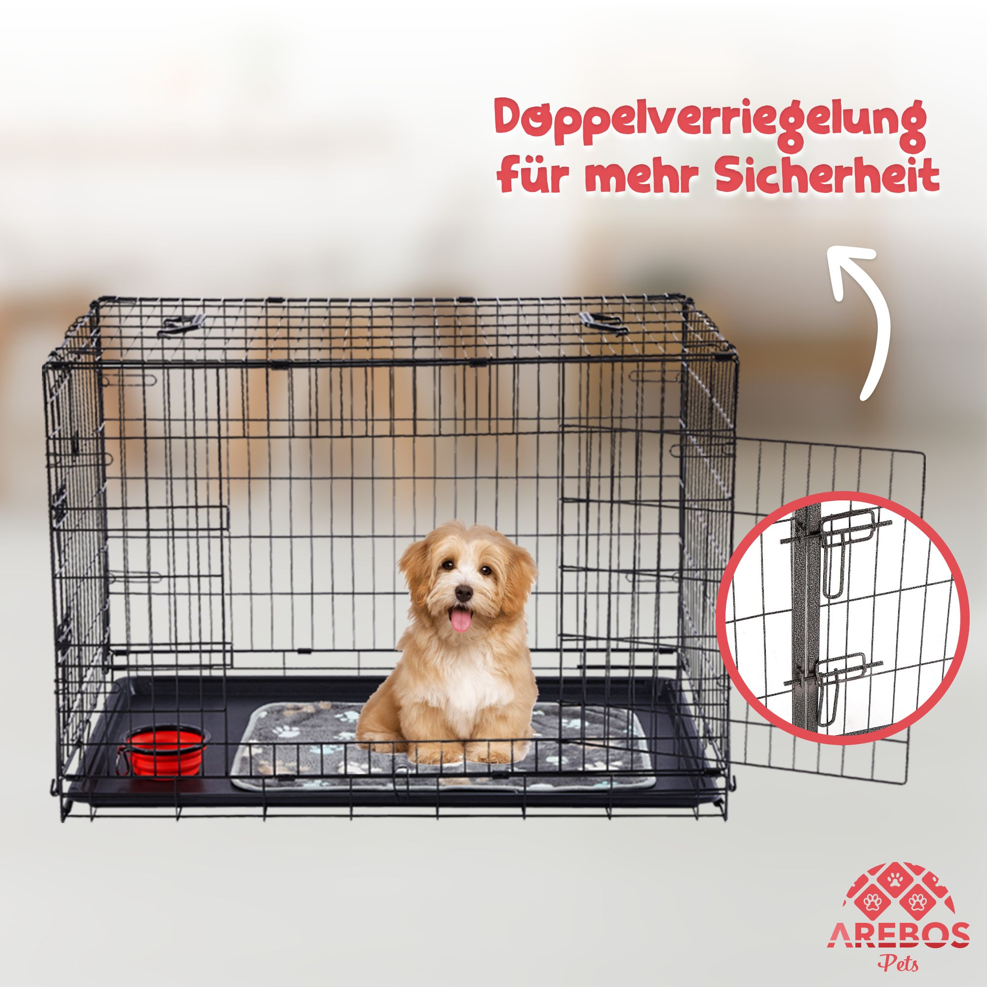 Ein kleiner, hellbrauner Welpe in einer schwarzen Drahtkiste. Die Tür ist offen mit Nahaufnahme des Verschlussmechanismus.