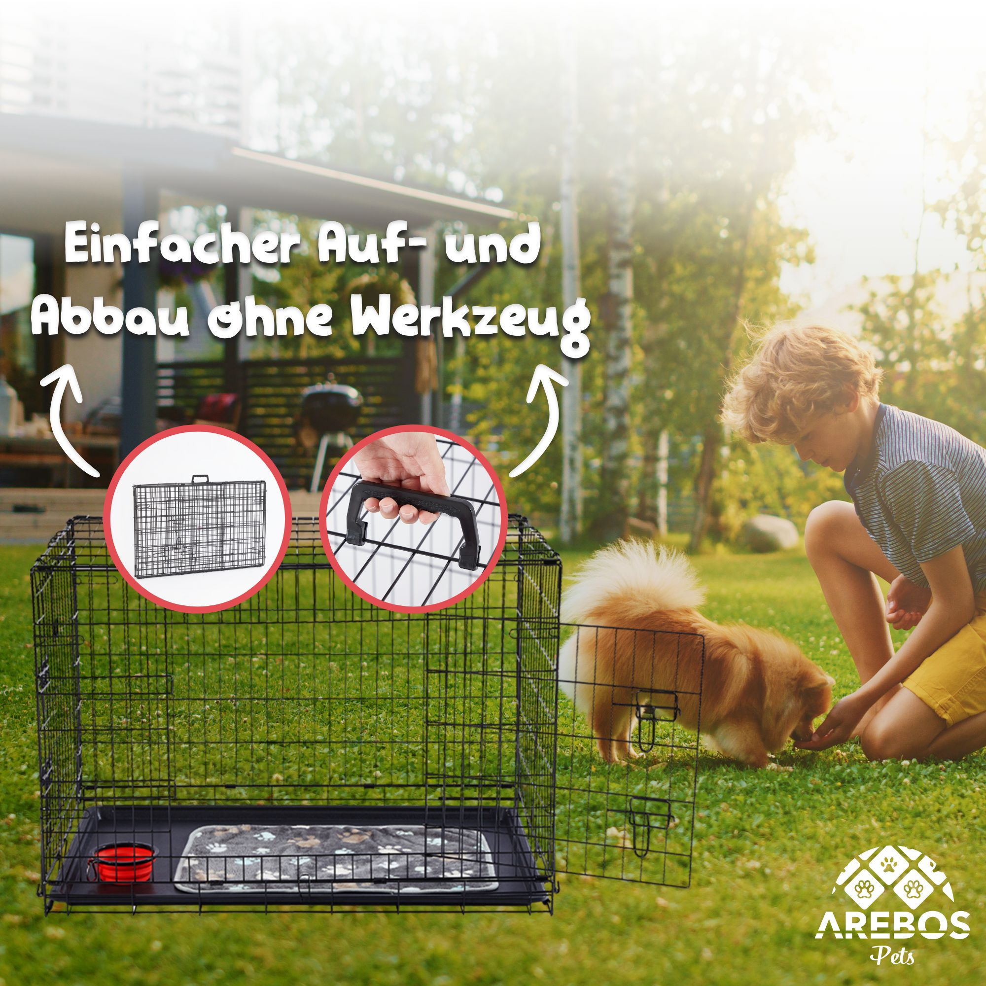Ein Hund in einer schwarzen Drahtkiste. Ein Junge ist in der Nähe, und der Text deutet auf eine einfache Montage hin.