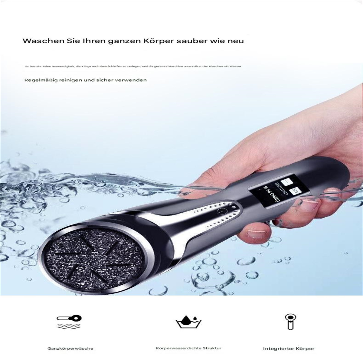 Hand hält silbernes Gerät im Wasser. Das Gerät hat einen schwarzen Kopf und einen Bildschirm.