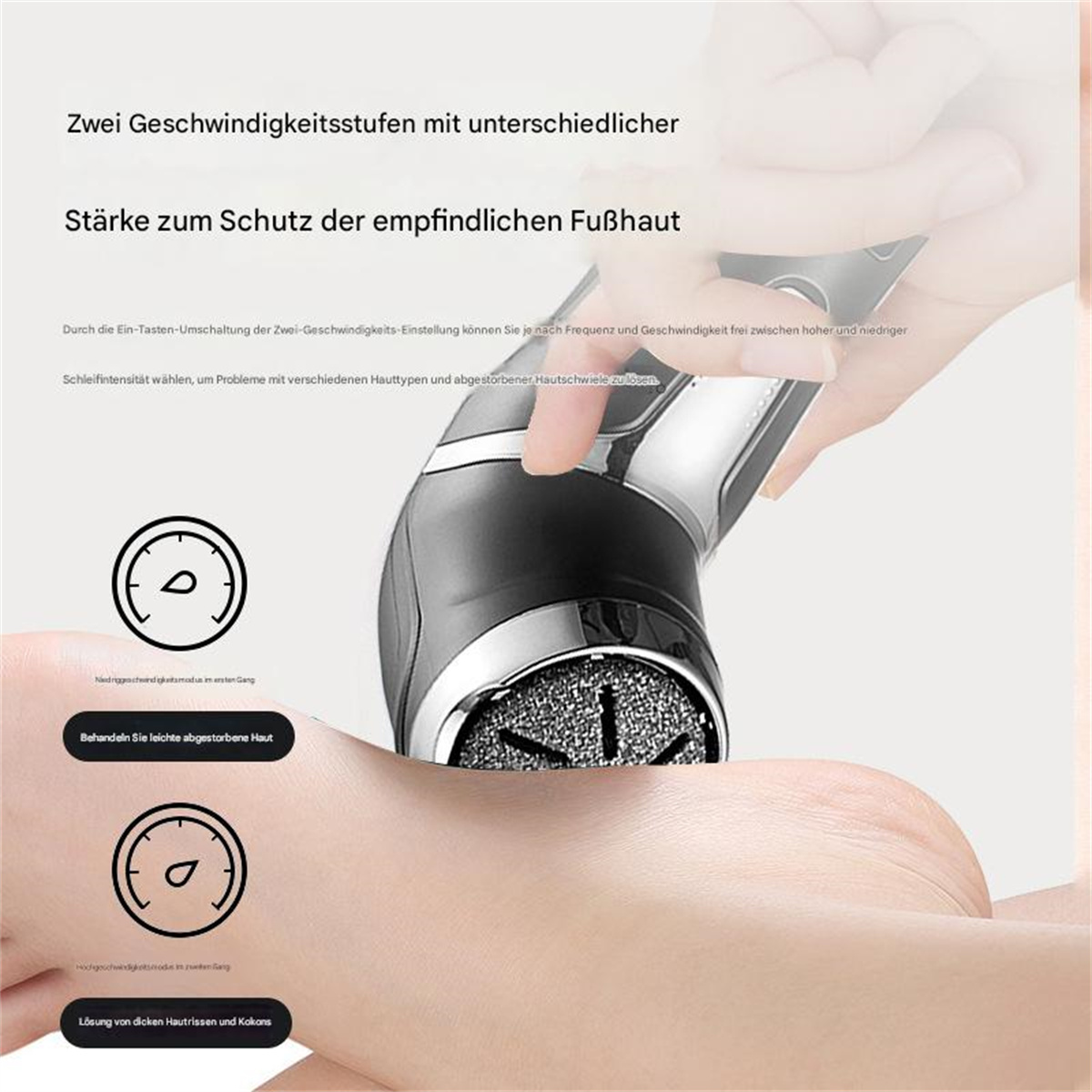 Eine Hand, die einen Elektrorasierer hält, mit einer Nahaufnahme des Rasiererkopfs auf der Haut und Text, der den Rasierer beschreibt.
