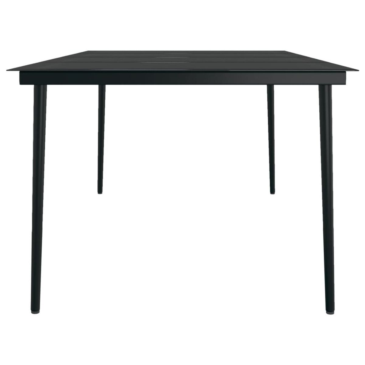 Schwarzer rechteckiger Outdoor-Tisch mit dünnen Beinen.