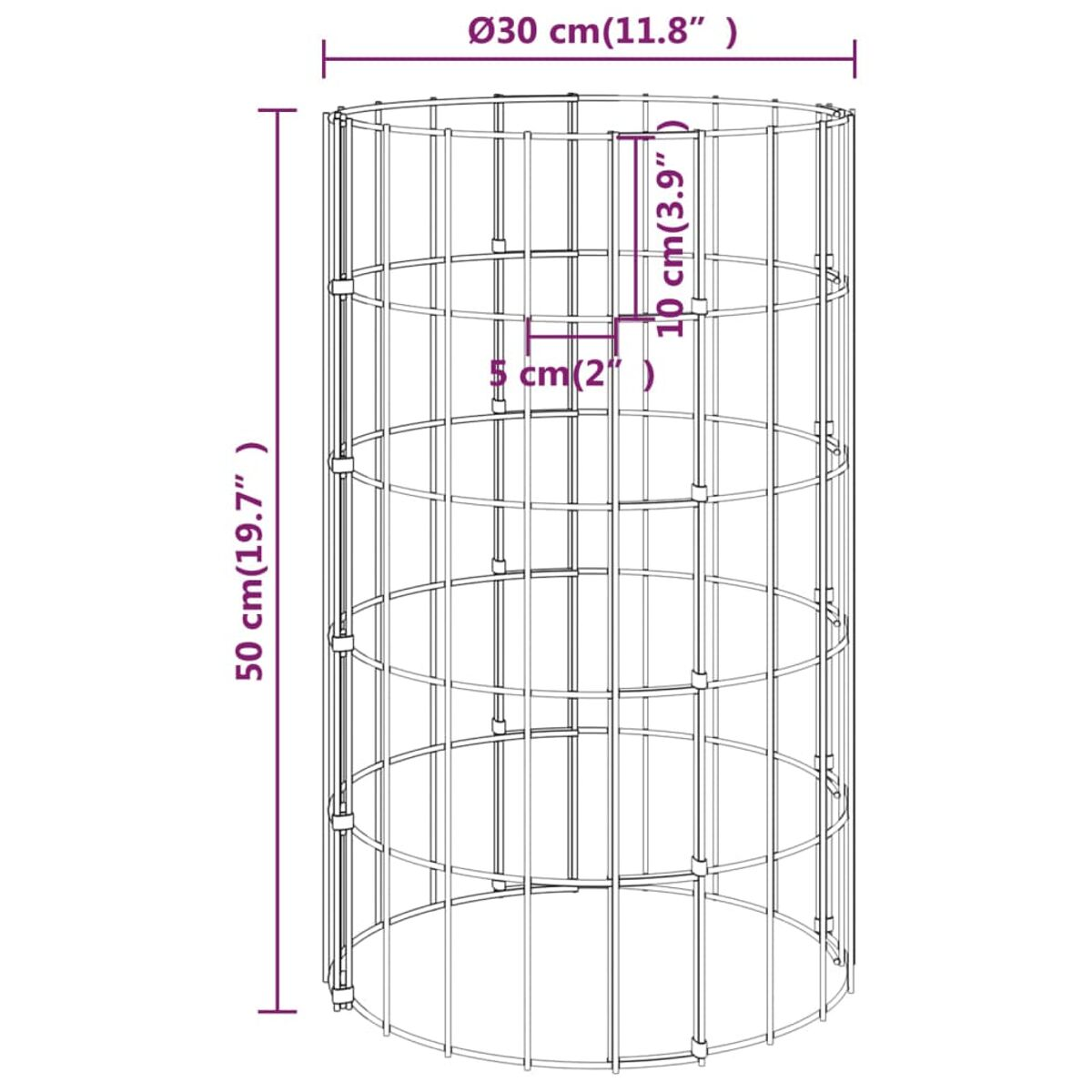 Metall-Pflanzenstützkäfig. Zylindrische Form. Vertikale und horizontale Metallstäbe. Abmessungen angegeben.