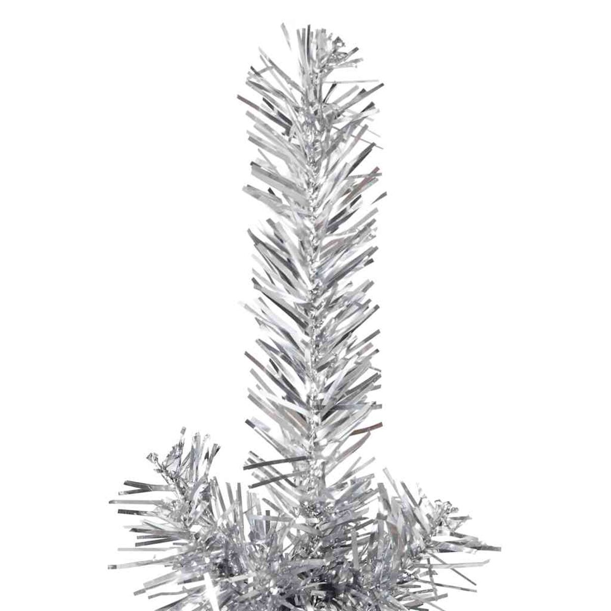 Nahaufnahme eines silbernen Lamettas. Das Lametta hat die Form eines Baumes.