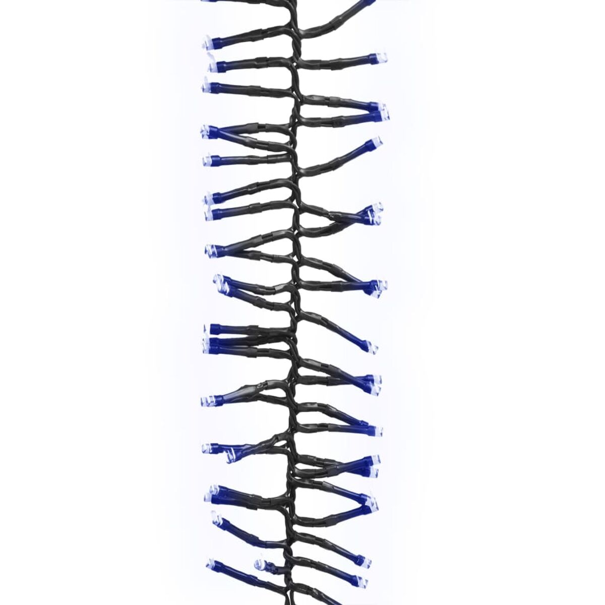 Lichterkette mit blauen LED-Weihnachtslichtern, vertikal angeordnet vor weißem Hintergrund.