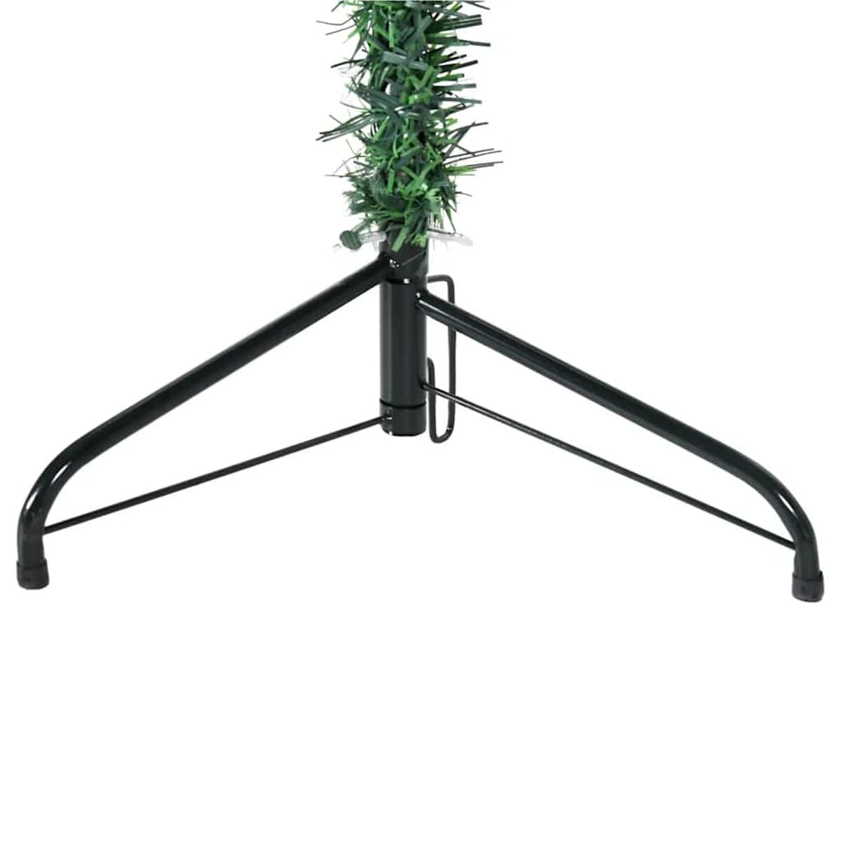 Schwarzer Metall-Weihnachtsbaumständer mit Girlande.