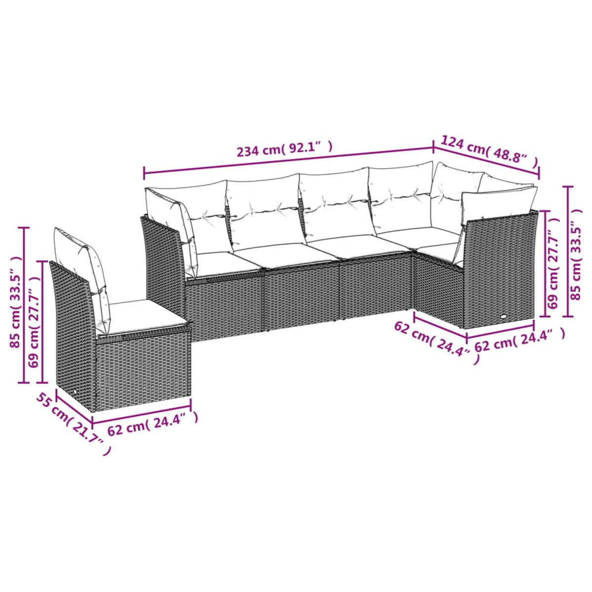Ein weißer Hintergrund mit einem großen Rattansofa. Das Sofa hat Abmessungen in Zentimetern und enthält einen Stuhl.