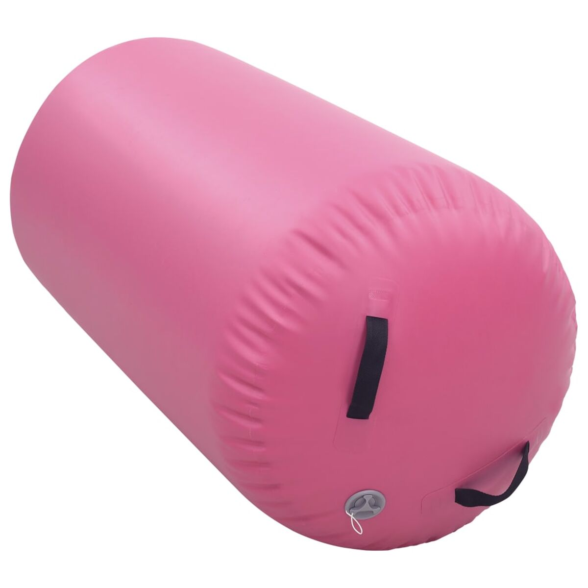 Pinkfarbener aufblasbarer Zylinder für Gymnastik, mit Griffen. Weißer Hintergrund.