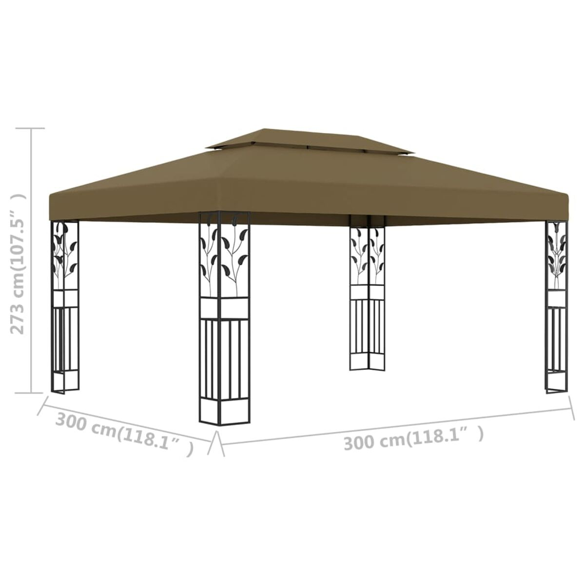 Brauner Pavillon mit braunem Dach, getragen von schwarzen Metallsäulen. Garten.