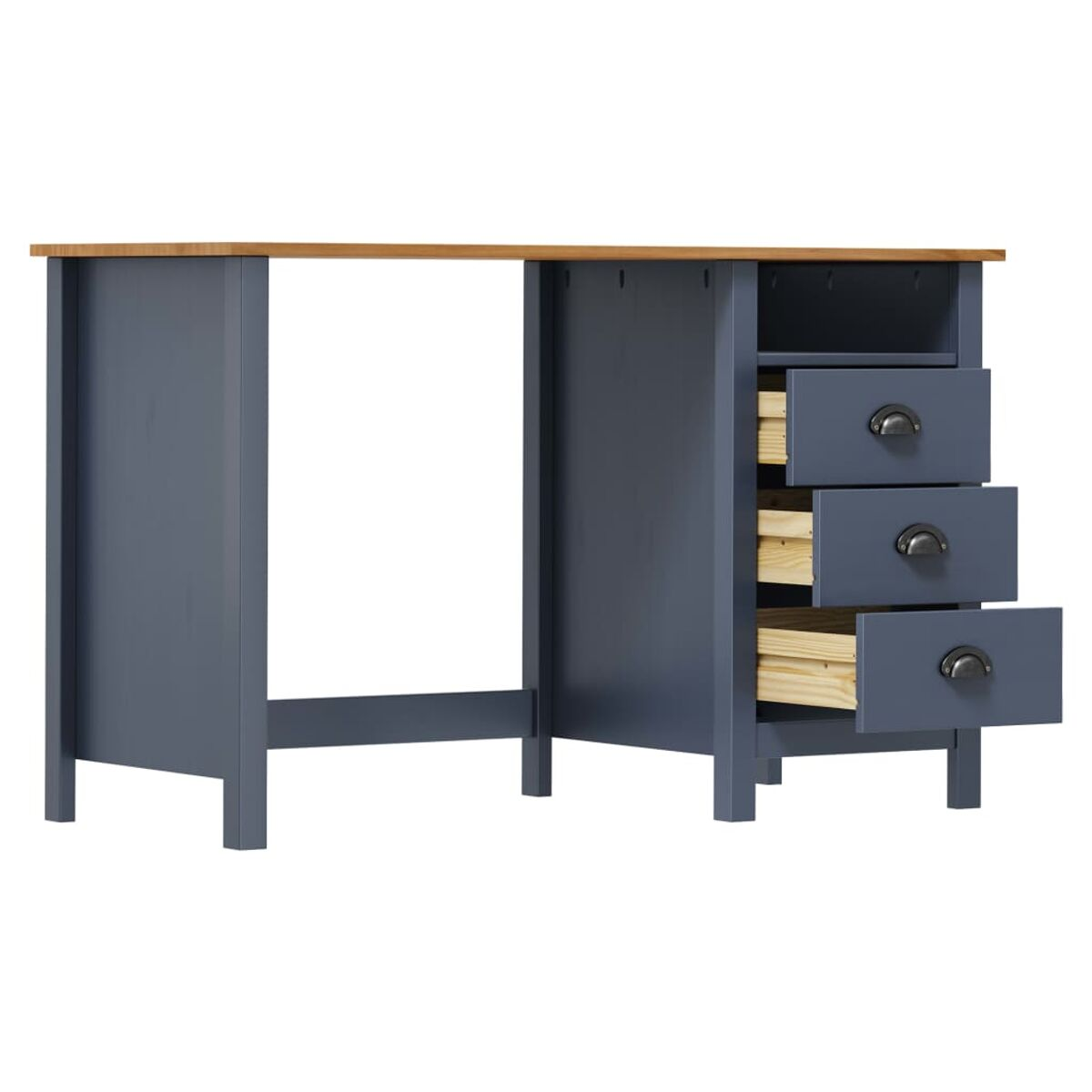 Blauer Schreibtisch mit drei Schubladen. Holzplatte. Hellblaue Farbe.