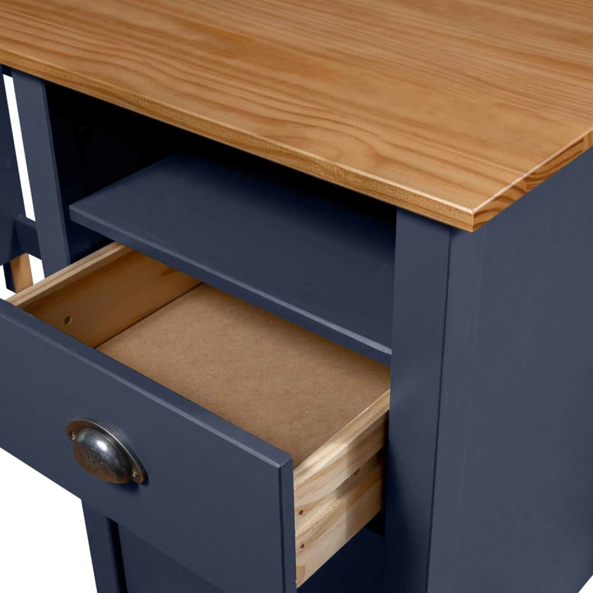 Blauer Schrank mit offener Schublade, Holzplatte und Regal.