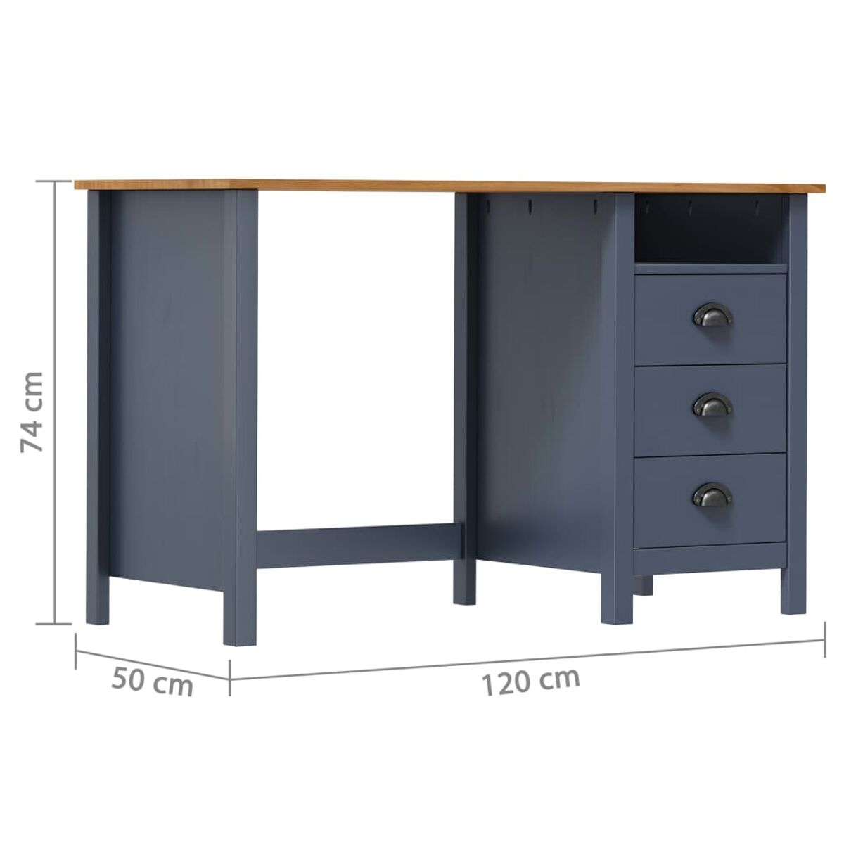 Blauer Schreibtisch mit drei Schubladen, Maße in cm. Holzplatte. Weißer Hintergrund.