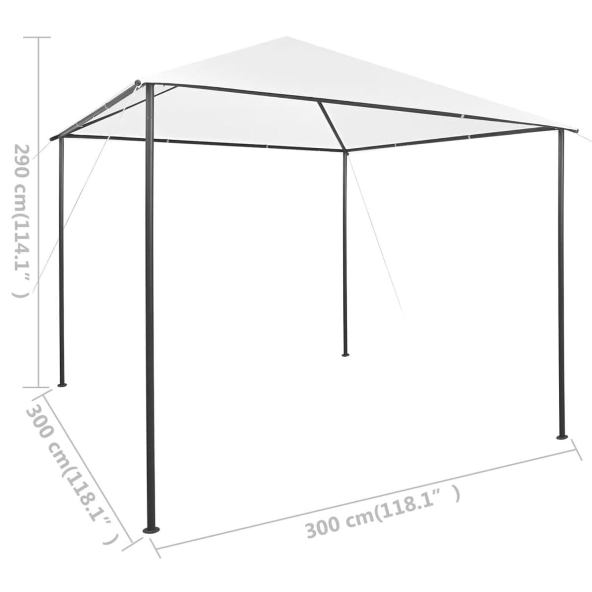 Weißer Outdoor-Pavillon mit Abmessungen in cm und Zoll. Schwarze Tragstruktur.