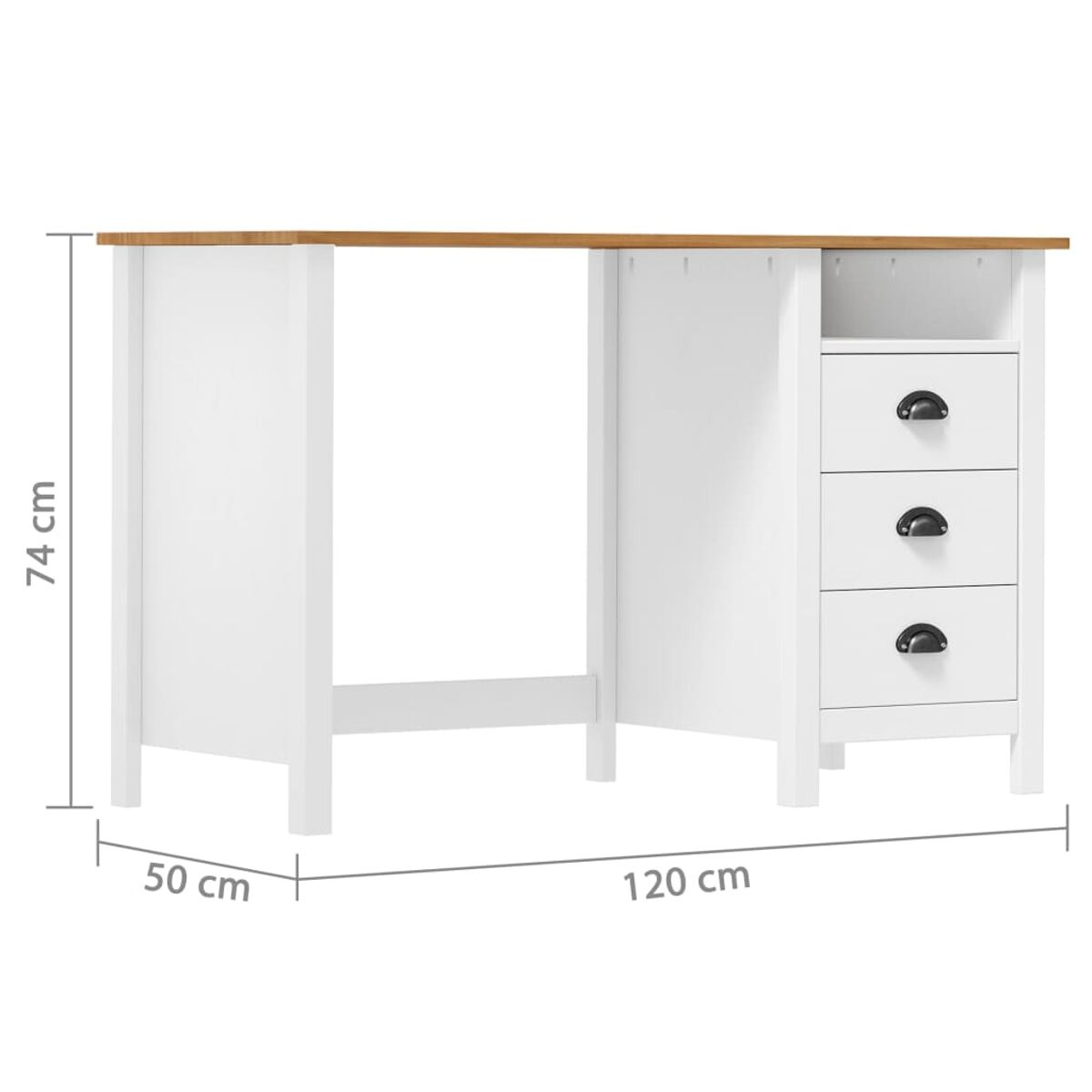 Ein weißer Schreibtisch mit Holzplatte, drei Schubladen und Abmessungen in cm.