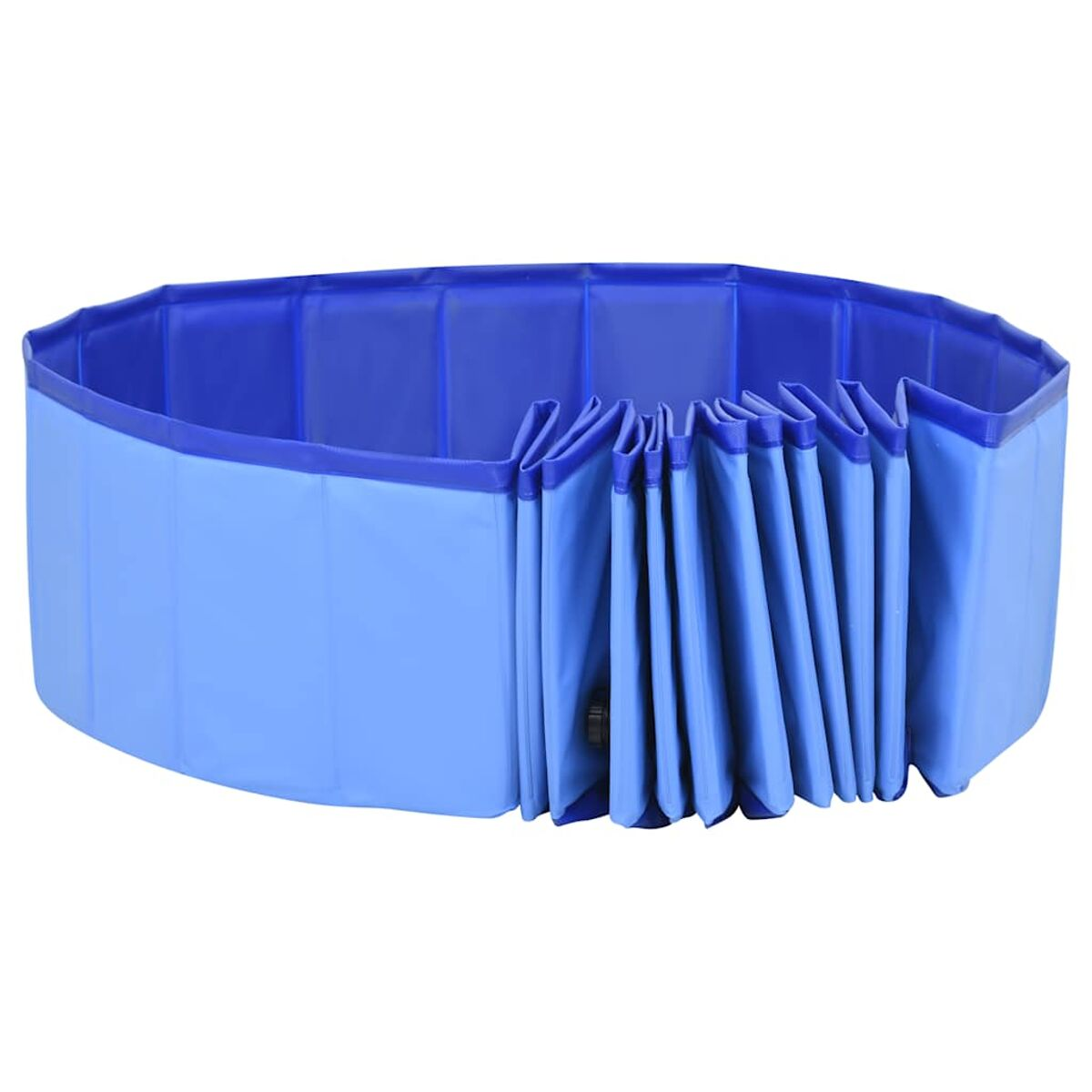 Ein blaues, zusammenklappbares Hundepool in ovaler Form.