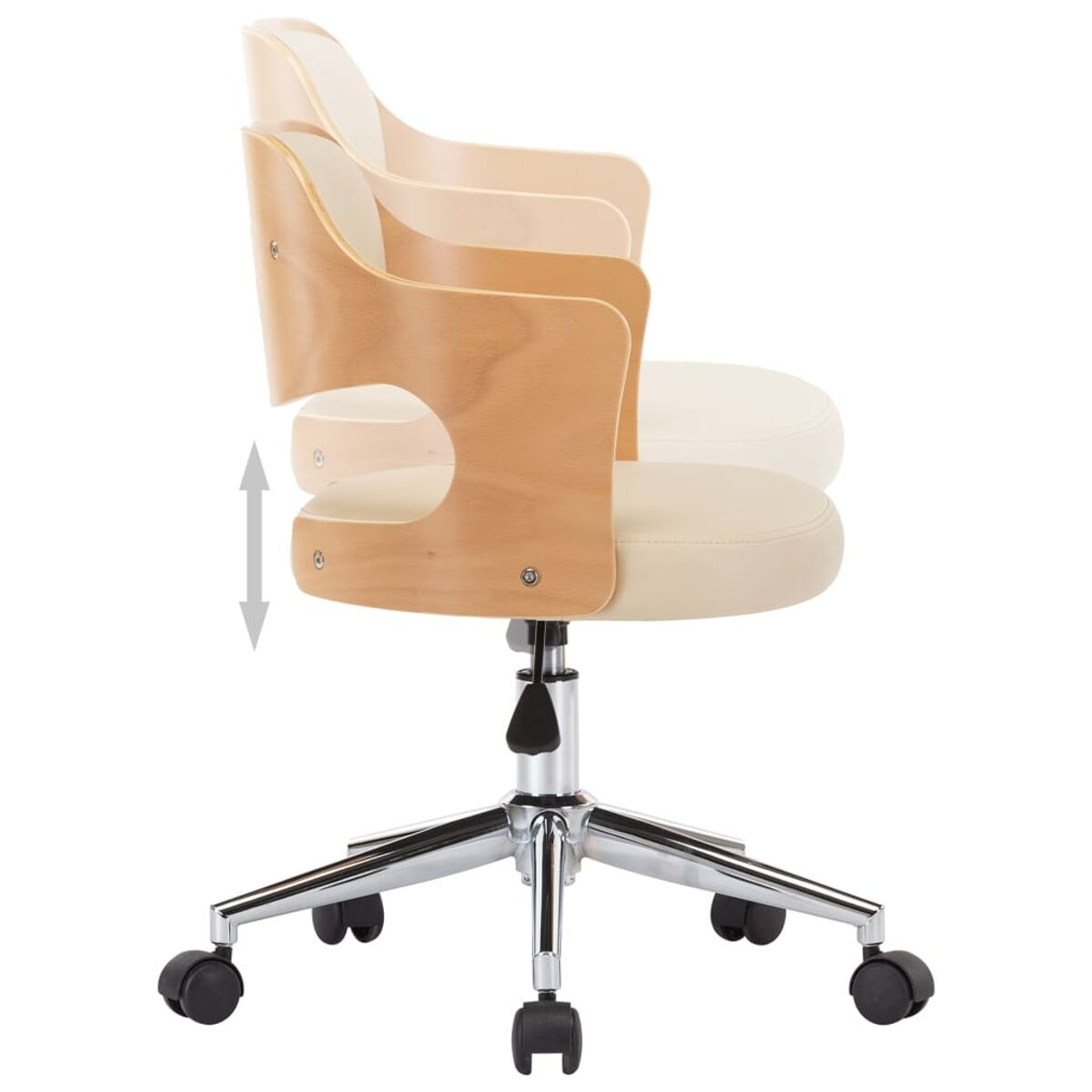 Ein Büro-Stuhl aus Holz und Cremefarbe. Das Seitenprofil zeigt die verstellbare Höhe.